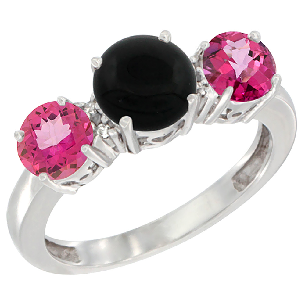 14K White Gold Round 3-Stone Natural Black Onyx Ring & Pink Topaz Sides Diamond Accent, sizes 5 - 10
