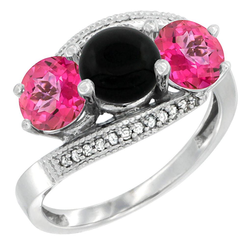 14K White Gold Natural Black Onyx & Pink Topaz Sides 3 stone Ring Round 6mm Diamond Accent, sizes 5 - 10
