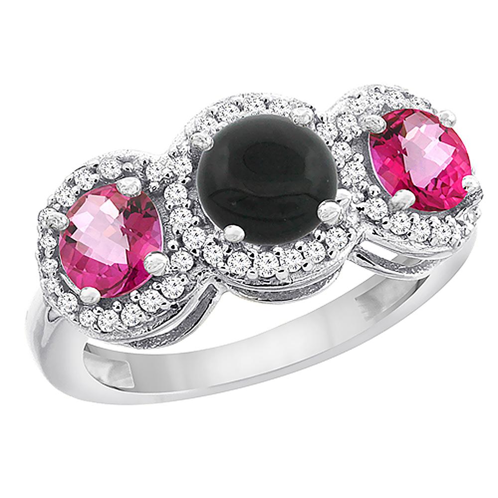 14K White Gold Natural Black Onyx & Pink Topaz Sides Round 3-stone Ring Diamond Accents, sizes 5 - 10