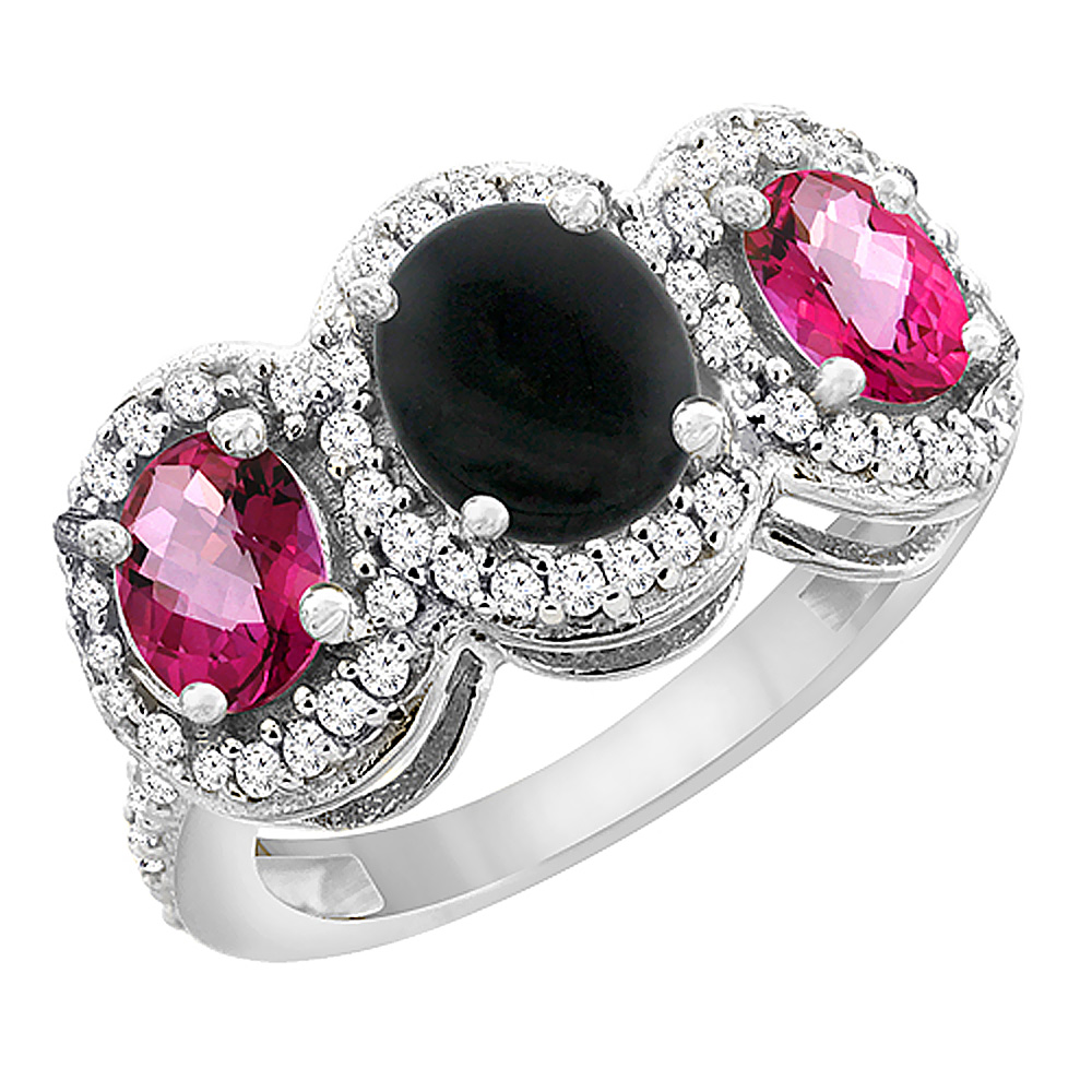 14K White Gold Natural Black Onyx &amp; Pink Topaz 3-Stone Ring Oval Diamond Accent, sizes 5 - 10
