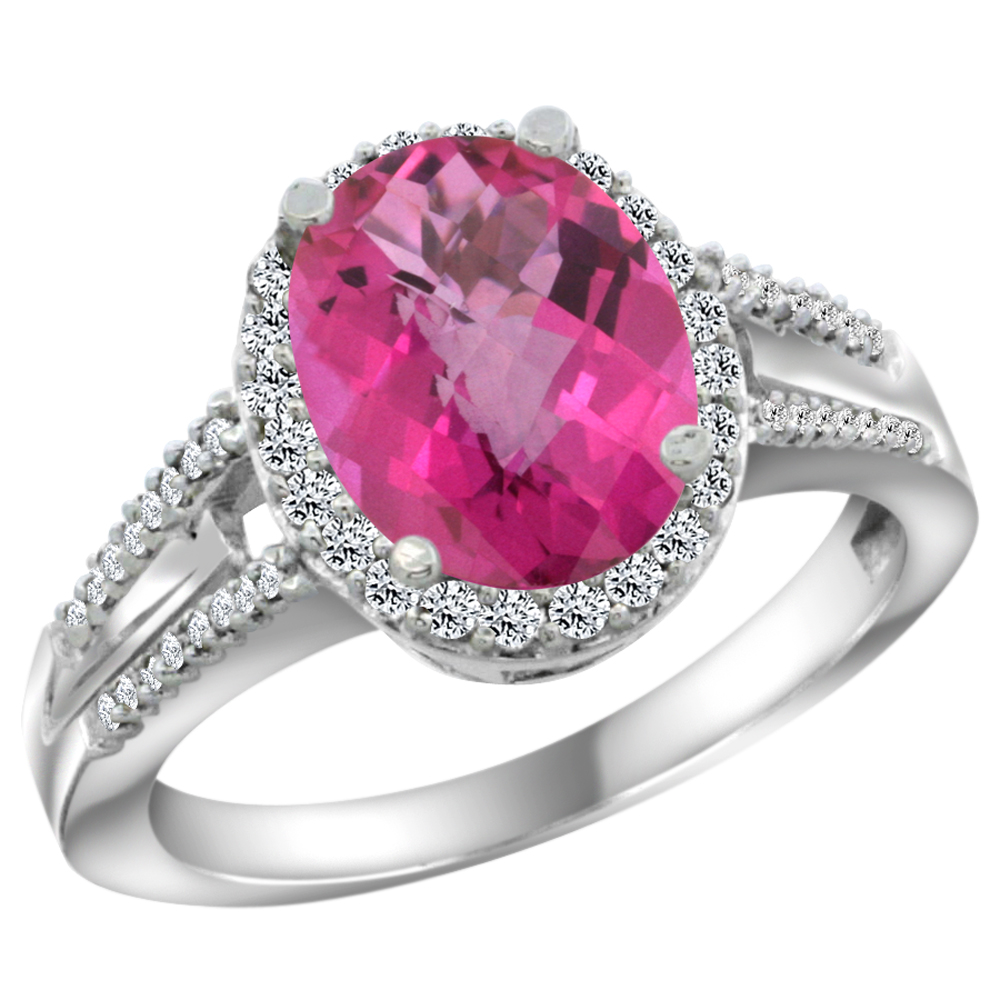 10K White Gold Diamond Natural Pink Topaz Engagement Ring Oval 10x8mm, sizes 5-10