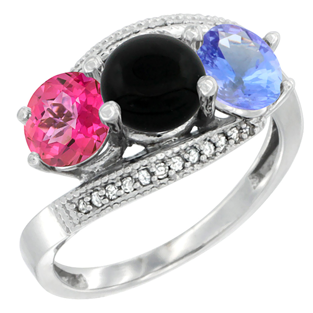 14K White Gold Natural Pink Topaz, Black Onyx & Tanzanite 3 stone Ring Round 6mm Diamond Accent, sizes 5 - 10