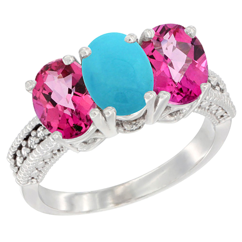 10K White Gold Natural Turquoise &amp; Pink Topaz Sides Ring 3-Stone Oval 7x5 mm Diamond Accent, sizes 5 - 10