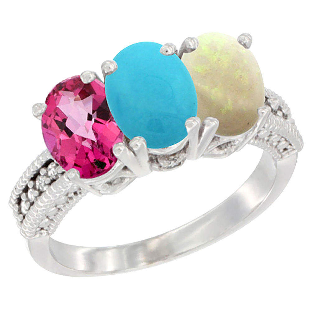 10K White Gold Natural Pink Topaz, Turquoise &amp; Opal Ring 3-Stone Oval 7x5 mm Diamond Accent, sizes 5 - 10