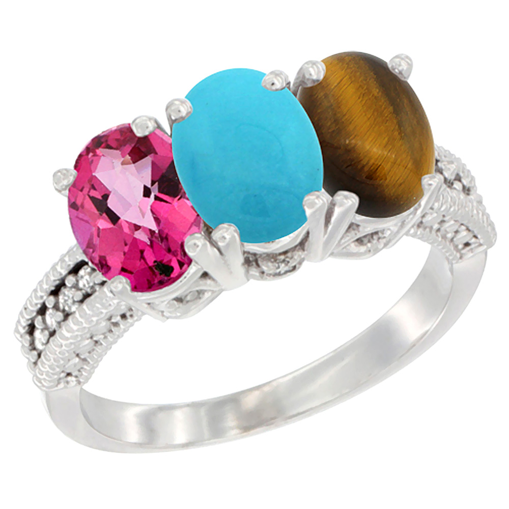 10K White Gold Natural Pink Topaz, Turquoise & Tiger Eye Ring 3-Stone Oval 7x5 mm Diamond Accent, sizes 5 - 10