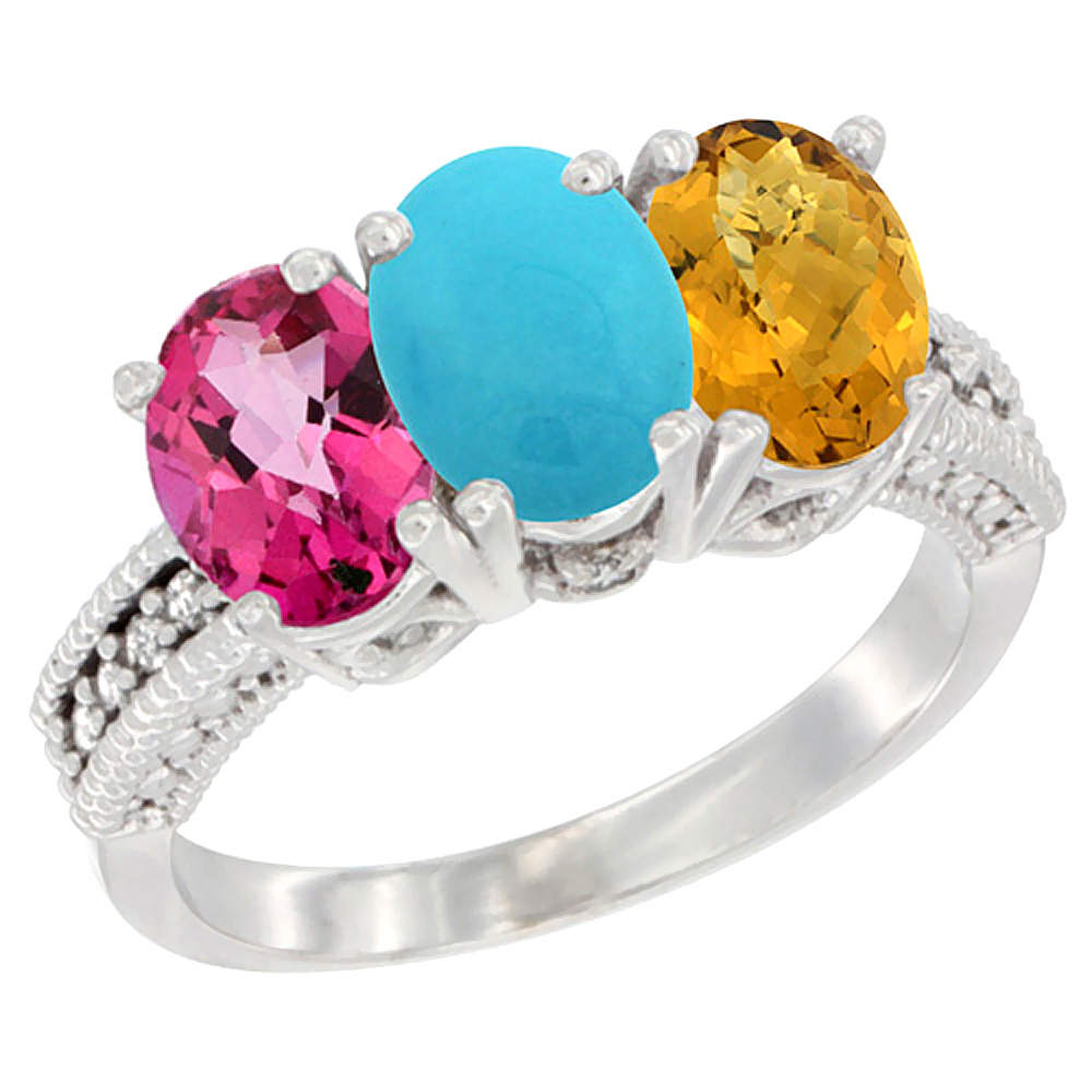 10K White Gold Natural Pink Topaz, Turquoise & Whisky Quartz Ring 3-Stone Oval 7x5 mm Diamond Accent, sizes 5 - 10