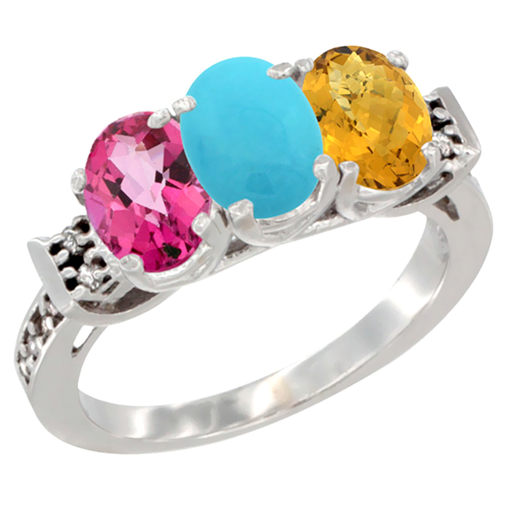 10K White Gold Natural Pink Topaz, Turquoise & Whisky Quartz Ring 3-Stone Oval 7x5 mm Diamond Accent, sizes 5 - 10