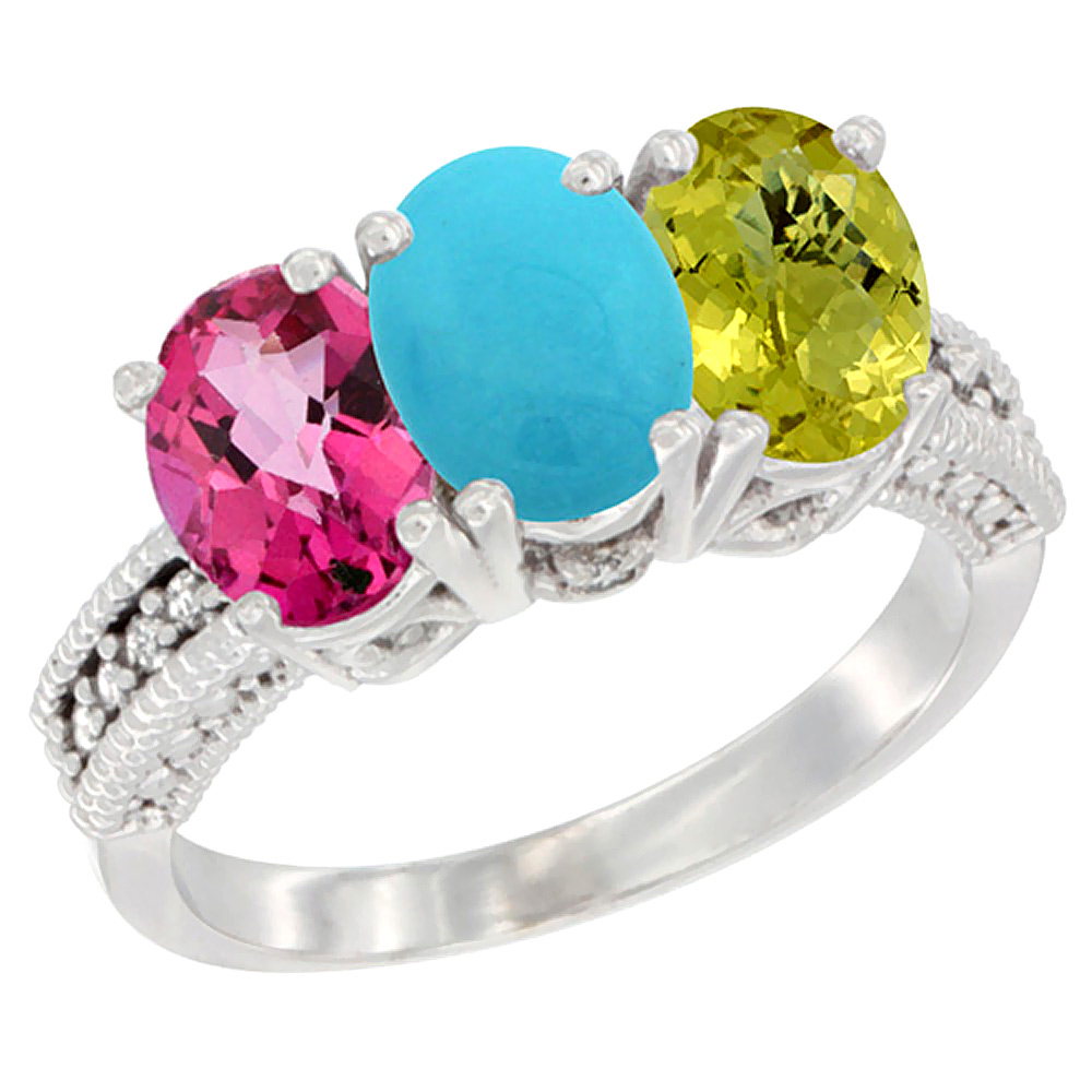 10K White Gold Natural Pink Topaz, Turquoise & Lemon Quartz Ring 3-Stone Oval 7x5 mm Diamond Accent, sizes 5 - 10