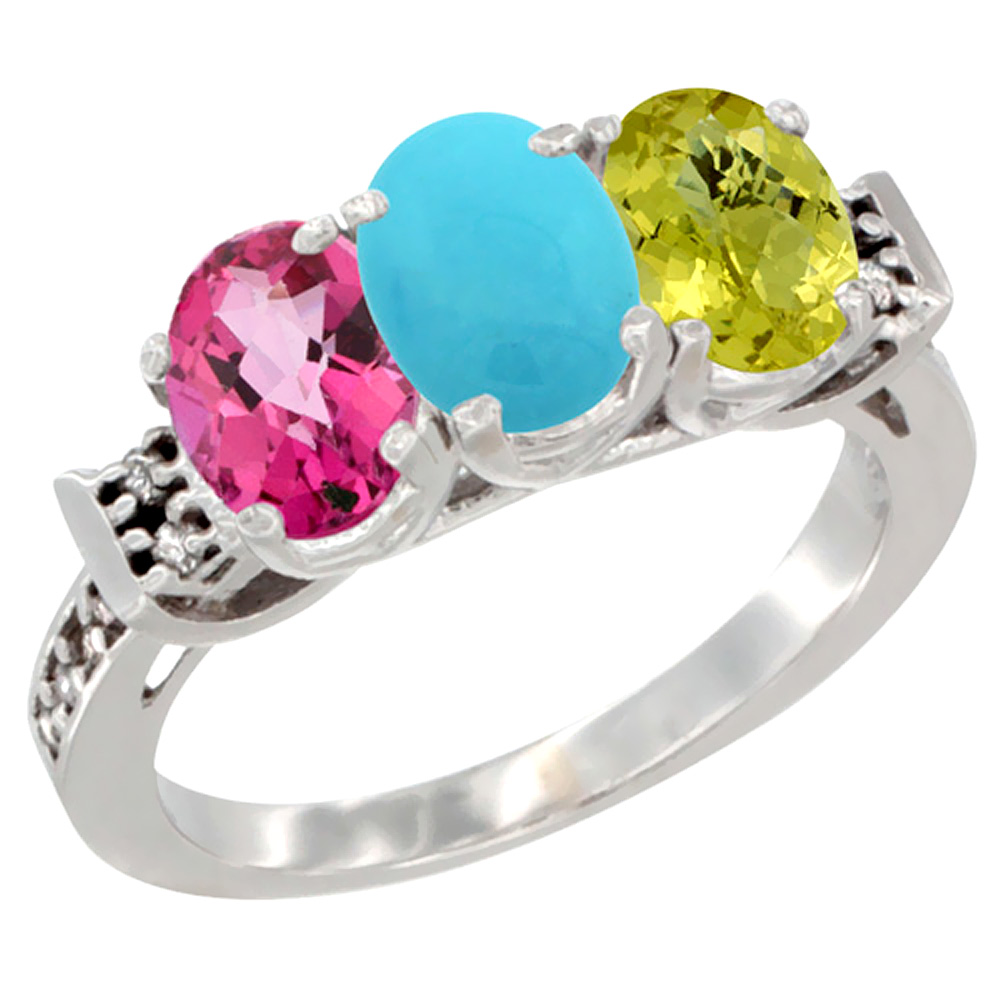 10K White Gold Natural Pink Topaz, Turquoise &amp; Lemon Quartz Ring 3-Stone Oval 7x5 mm Diamond Accent, sizes 5 - 10