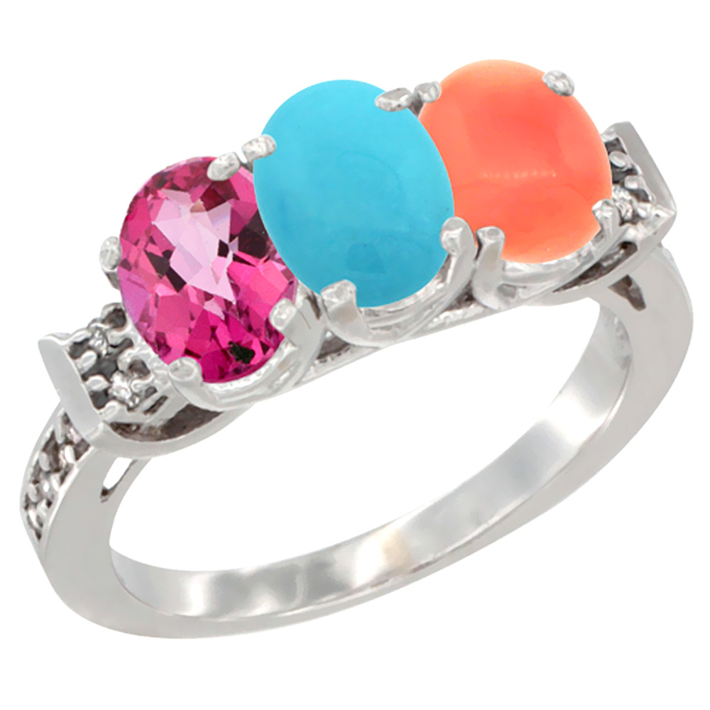 10K White Gold Natural Pink Topaz, Turquoise &amp; Coral Ring 3-Stone Oval 7x5 mm Diamond Accent, sizes 5 - 10