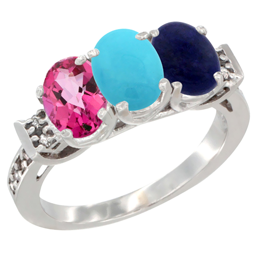 10K White Gold Natural Pink Topaz, Turquoise & Lapis Ring 3-Stone Oval 7x5 mm Diamond Accent, sizes 5 - 10