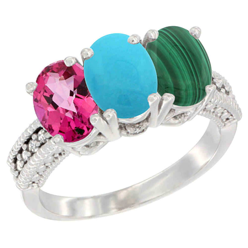 14K White Gold Natural Pink Topaz, Turquoise &amp; Malachite Ring 3-Stone 7x5 mm Oval Diamond Accent, sizes 5 - 10