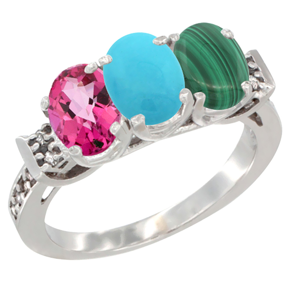 10K White Gold Natural Pink Topaz, Turquoise &amp; Malachite Ring 3-Stone Oval 7x5 mm Diamond Accent, sizes 5 - 10