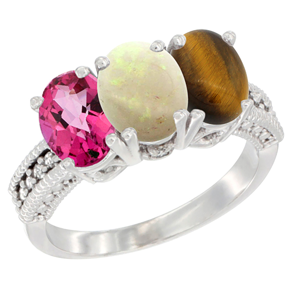 10K White Gold Natural Pink Topaz, Opal & Tiger Eye Ring 3-Stone Oval 7x5 mm Diamond Accent, sizes 5 - 10