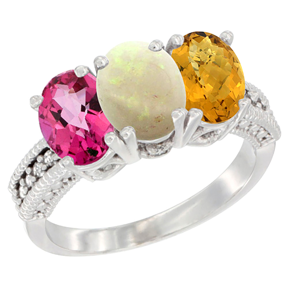 10K White Gold Natural Pink Topaz, Opal &amp; Whisky Quartz Ring 3-Stone Oval 7x5 mm Diamond Accent, sizes 5 - 10