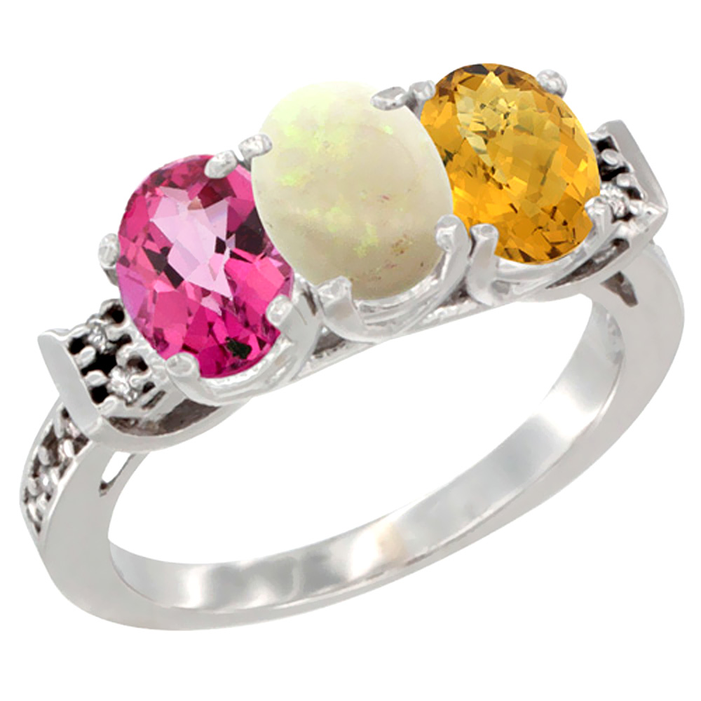 10K White Gold Natural Pink Topaz, Opal &amp; Whisky Quartz Ring 3-Stone Oval 7x5 mm Diamond Accent, sizes 5 - 10