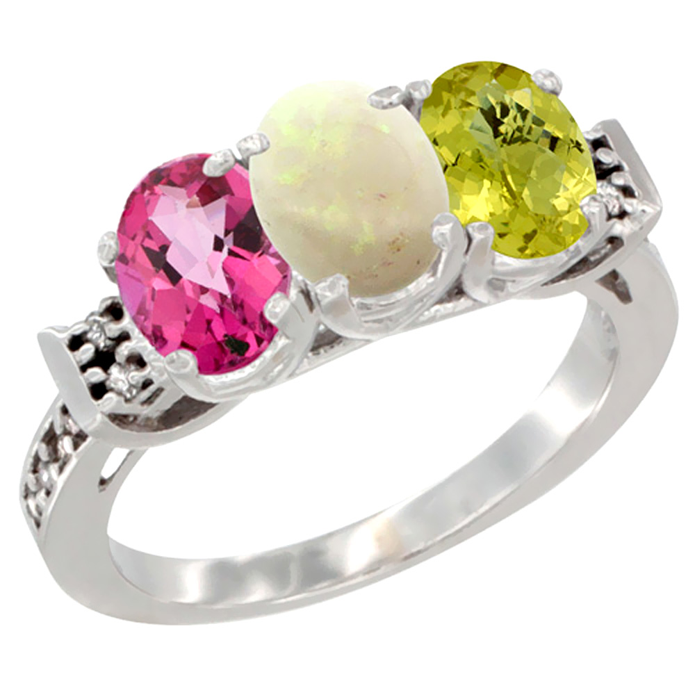 10K White Gold Natural Pink Topaz, Opal & Lemon Quartz Ring 3-Stone Oval 7x5 mm Diamond Accent, sizes 5 - 10