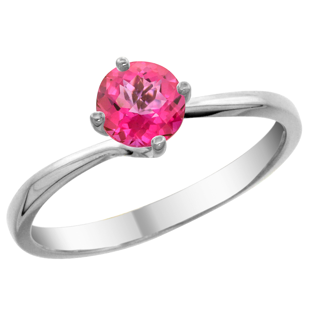 14K White Gold Natural Pink Topaz Solitaire Ring Round 6mm, sizes 5 - 10