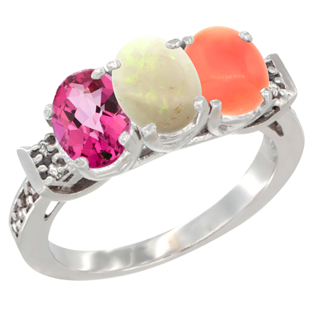 10K White Gold Natural Pink Topaz, Opal & Coral Ring 3-Stone Oval 7x5 mm Diamond Accent, sizes 5 - 10