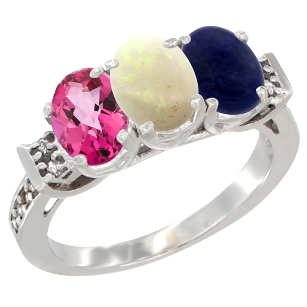 10K White Gold Natural Pink Topaz, Opal & Lapis Ring 3-Stone Oval 7x5 mm Diamond Accent, sizes 5 - 10