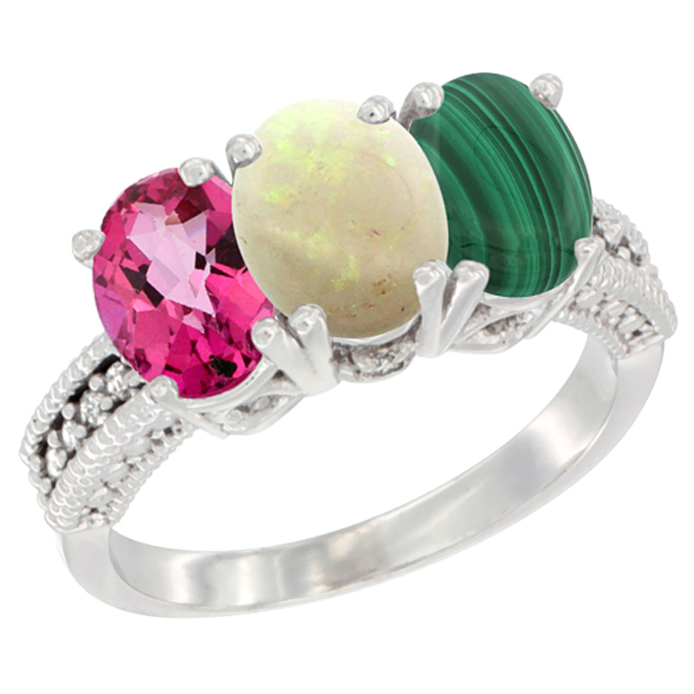 14K White Gold Natural Pink Topaz, Opal &amp; Malachite Ring 3-Stone 7x5 mm Oval Diamond Accent, sizes 5 - 10