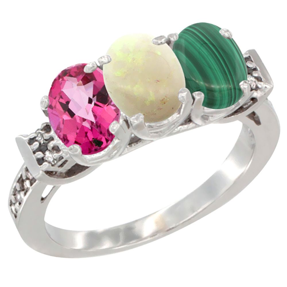 10K White Gold Natural Pink Topaz, Opal & Malachite Ring 3-Stone Oval 7x5 mm Diamond Accent, sizes 5 - 10