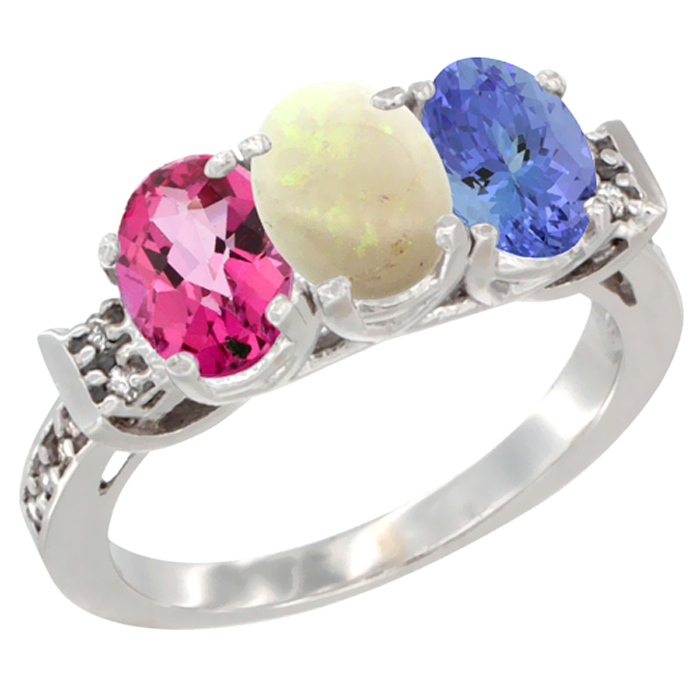 10K White Gold Natural Pink Topaz, Opal & Tanzanite Ring 3-Stone Oval 7x5 mm Diamond Accent, sizes 5 - 10