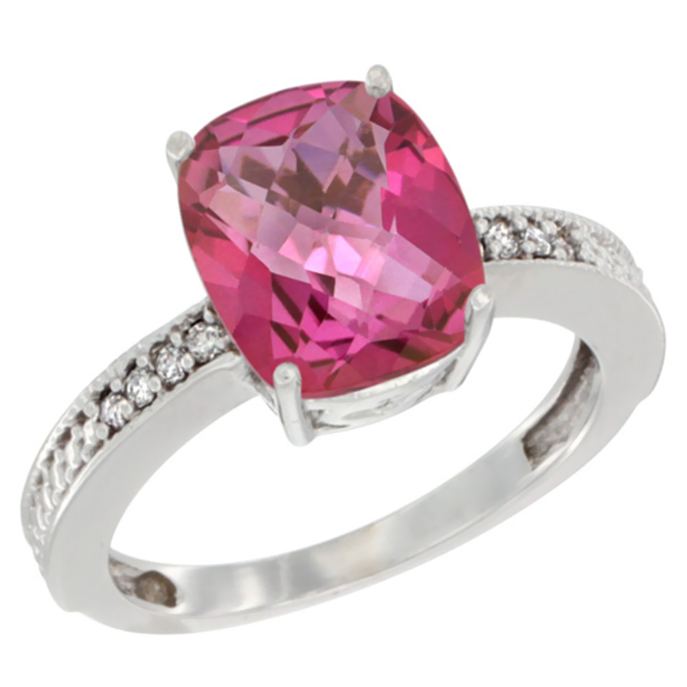 10K White Gold Diamond Cushion 10x8 mm Natural Pink Topaz Stone Ring, sizes 5 - 10