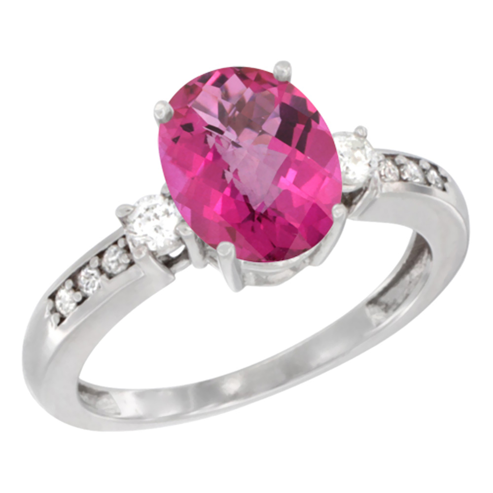 14K White Gold Natural Pink Topaz Ring Oval 9x7 mm Diamond Accent, sizes 5 - 10