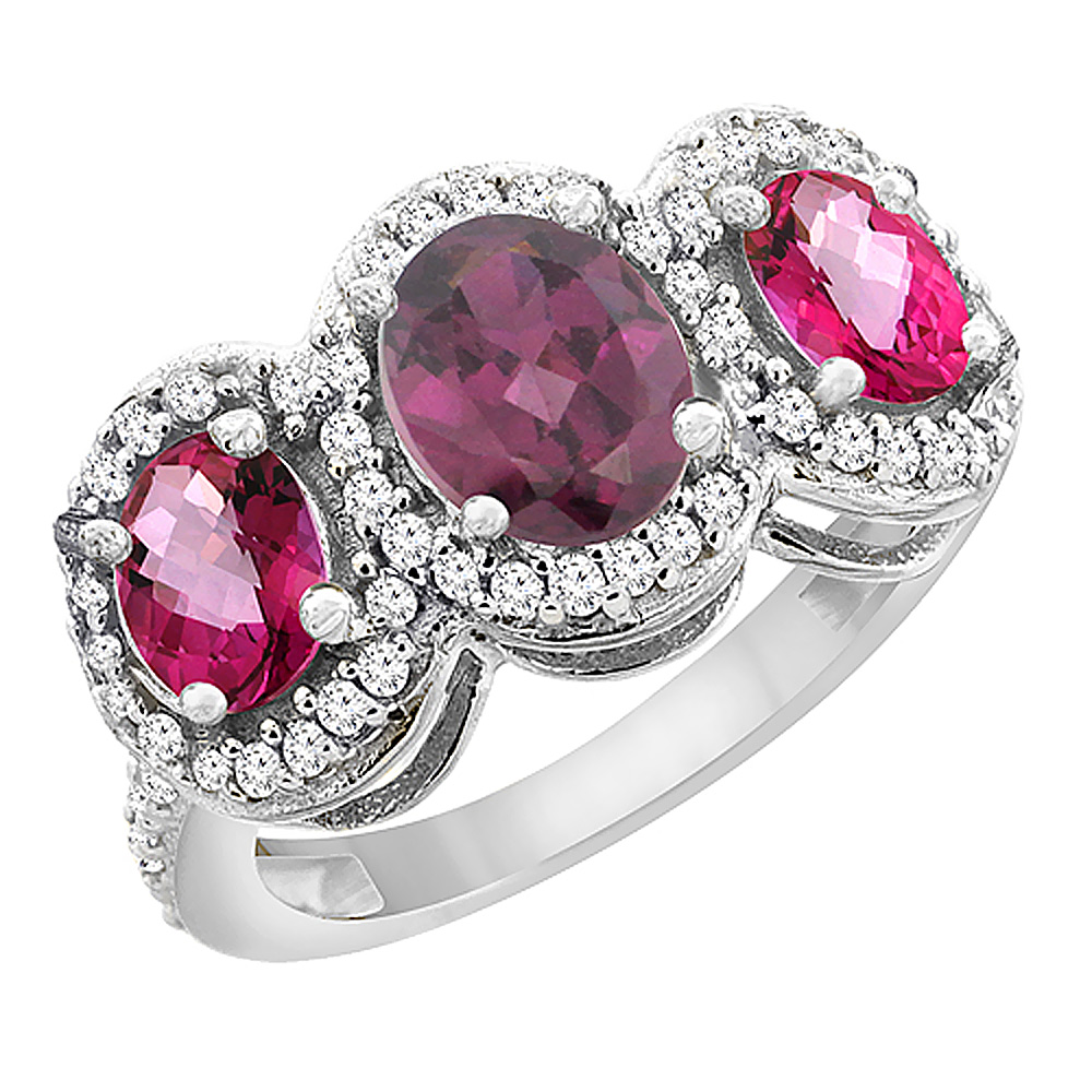 14K White Gold Natural Rhodolite &amp; Pink Topaz 3-Stone Ring Oval Diamond Accent, sizes 5 - 10