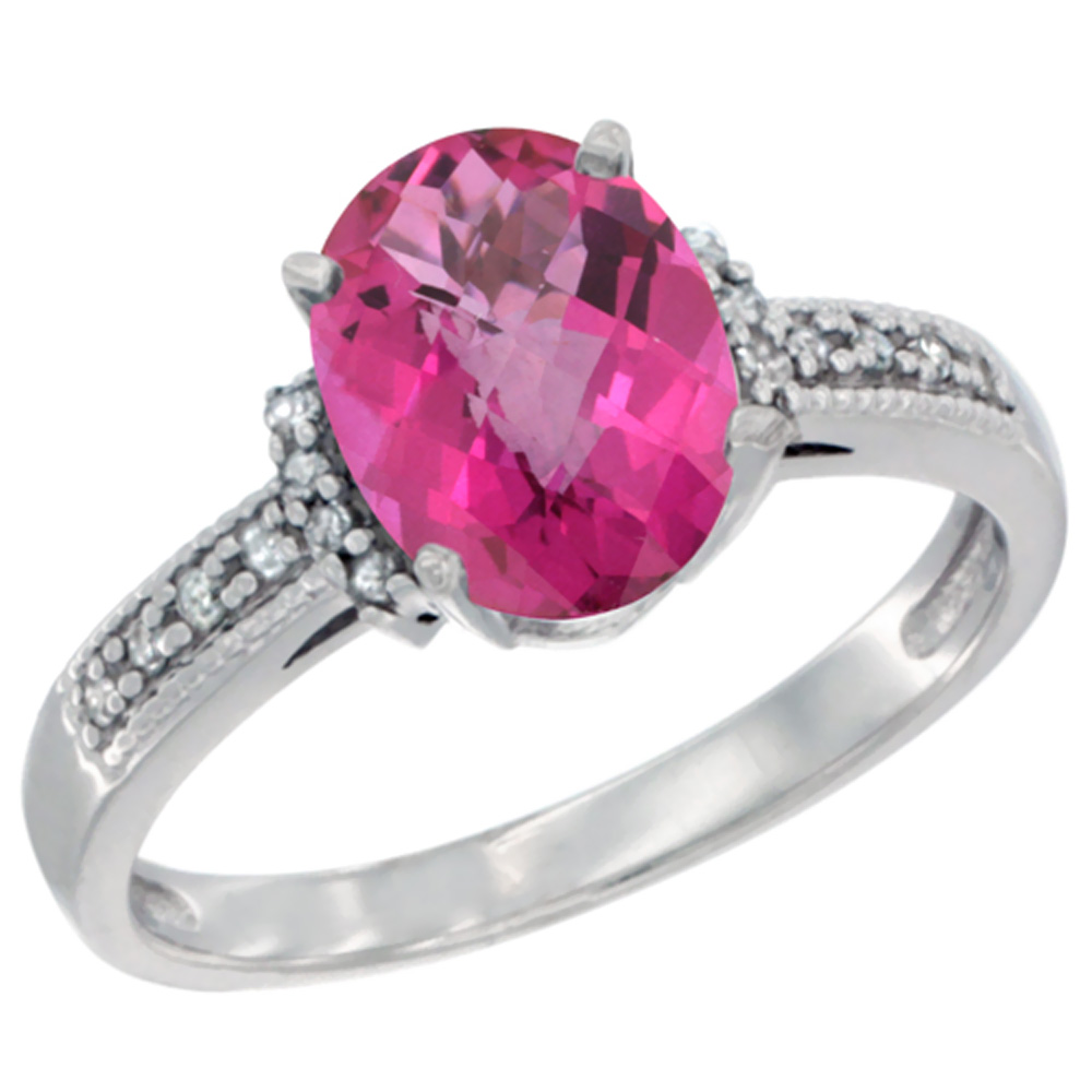 14K White Gold Natural Pink Topaz Ring Oval 9x7 mm Diamond Accent, sizes 5 - 10