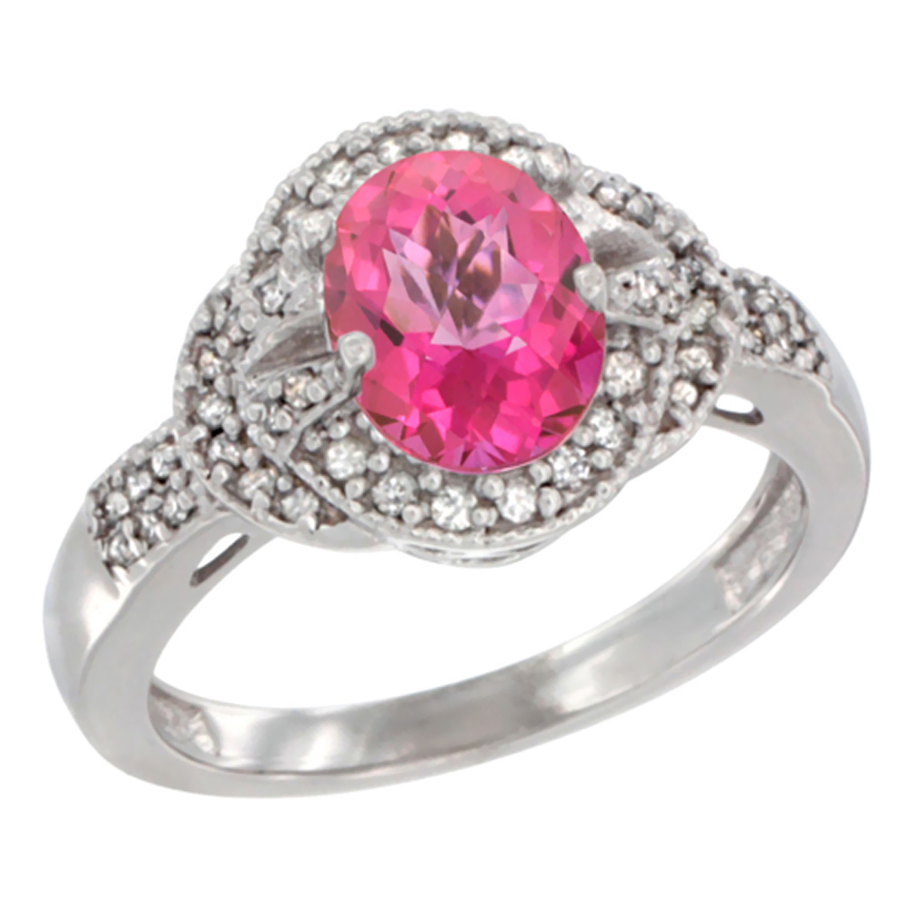 14K White Gold Natural Pink Topaz Ring Oval 8x6 mm Diamond Accent, sizes 5 - 10