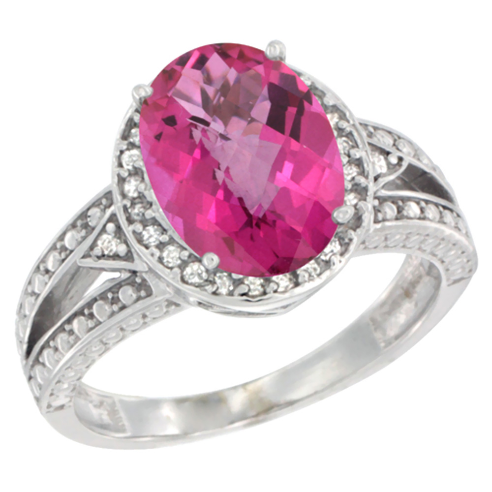 10k White Gold Natural Pink Topaz Ring Oval 9x7 mm Diamond Halo, sizes 5 - 10