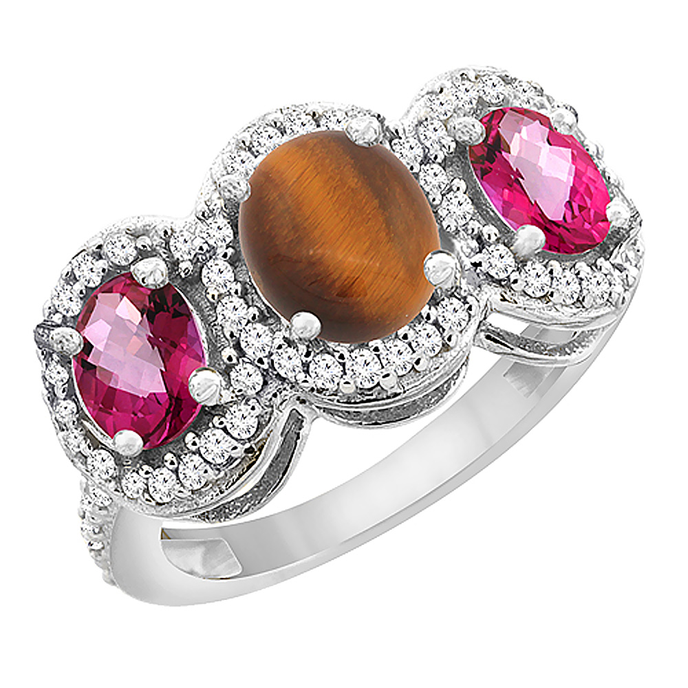 14K White Gold Natural Tiger Eye & Pink Topaz 3-Stone Ring Oval Diamond Accent, sizes 5 - 10