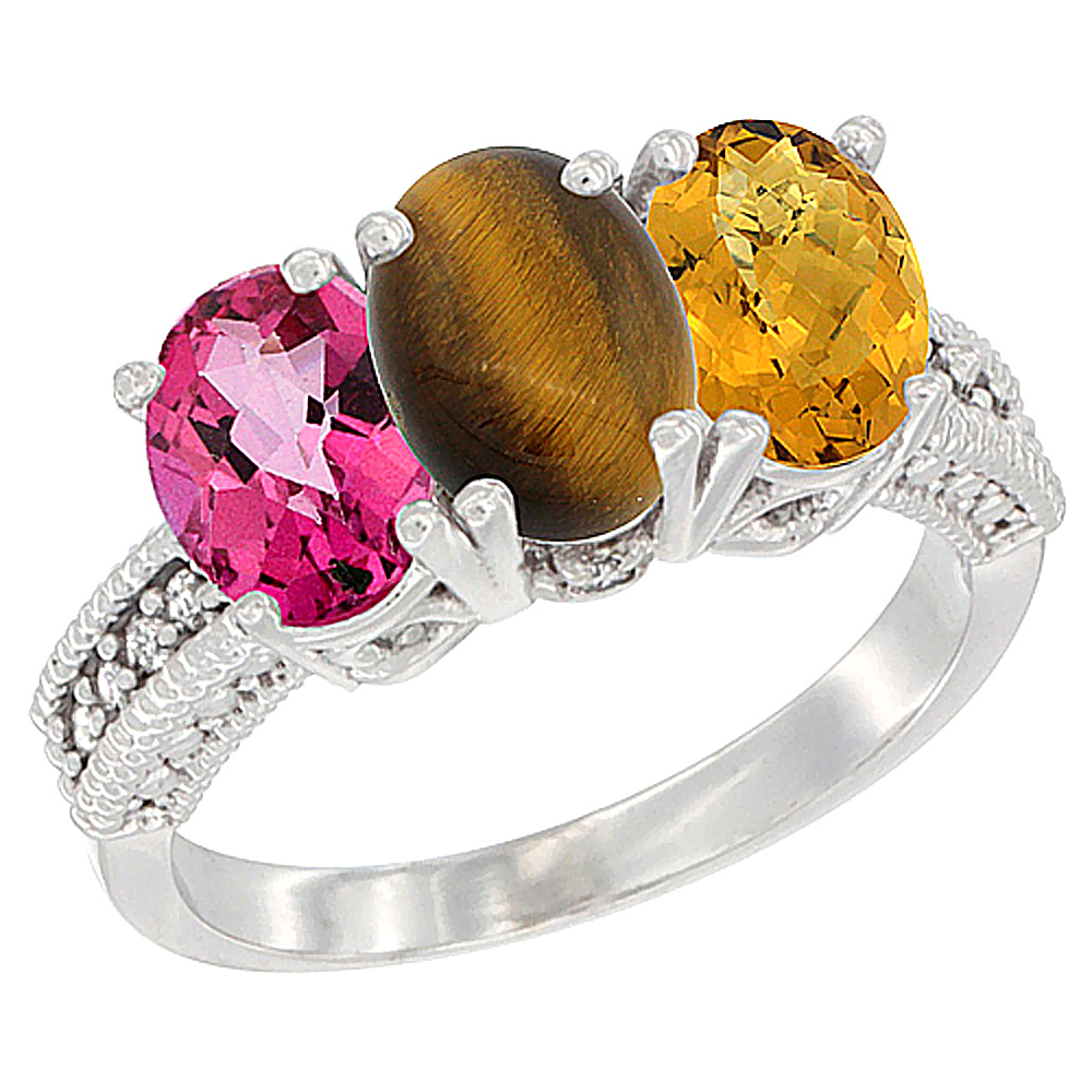 10K White Gold Natural Pink Topaz, Tiger Eye &amp; Whisky Quartz Ring 3-Stone Oval 7x5 mm Diamond Accent, sizes 5 - 10