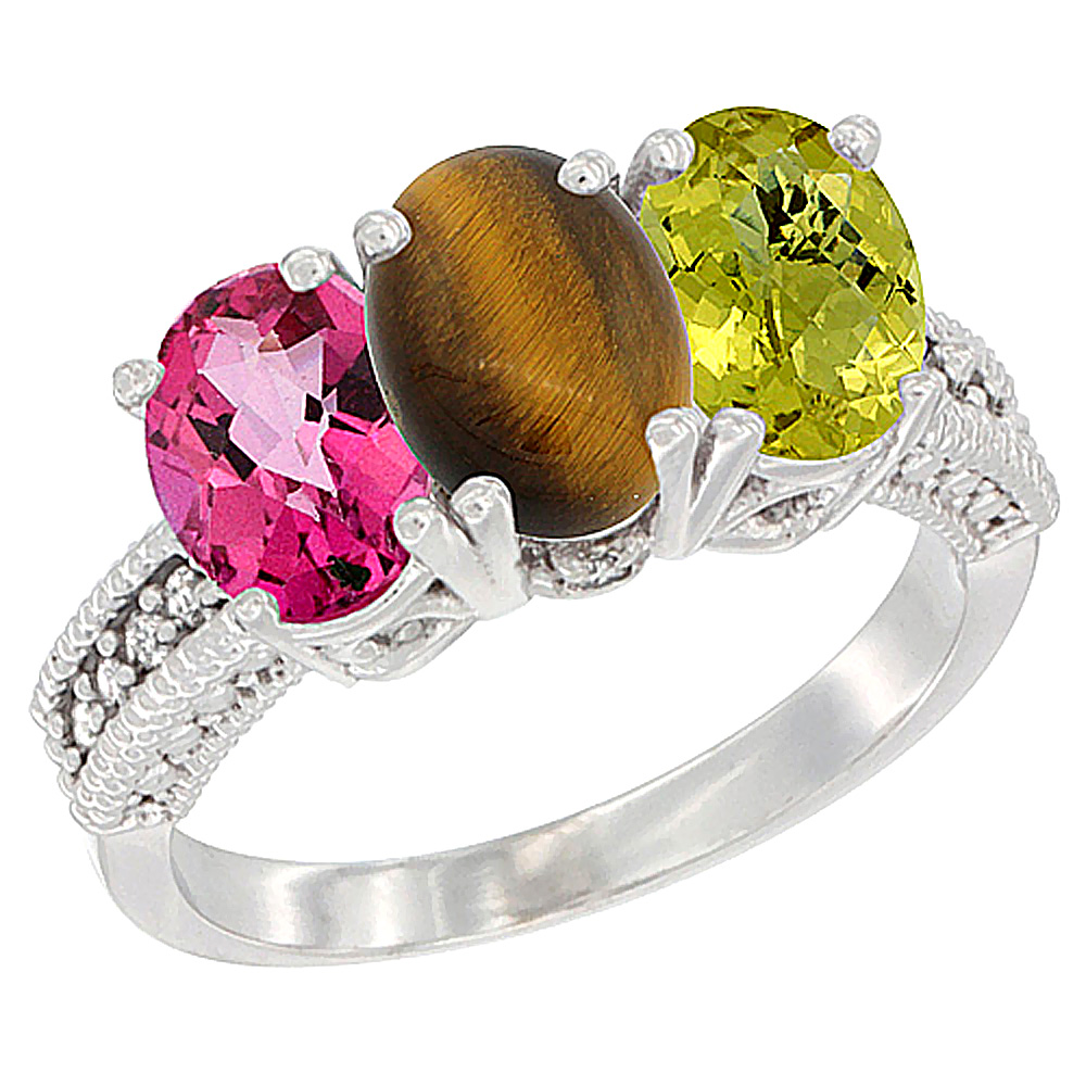 10K White Gold Natural Pink Topaz, Tiger Eye &amp; Lemon Quartz Ring 3-Stone Oval 7x5 mm Diamond Accent, sizes 5 - 10
