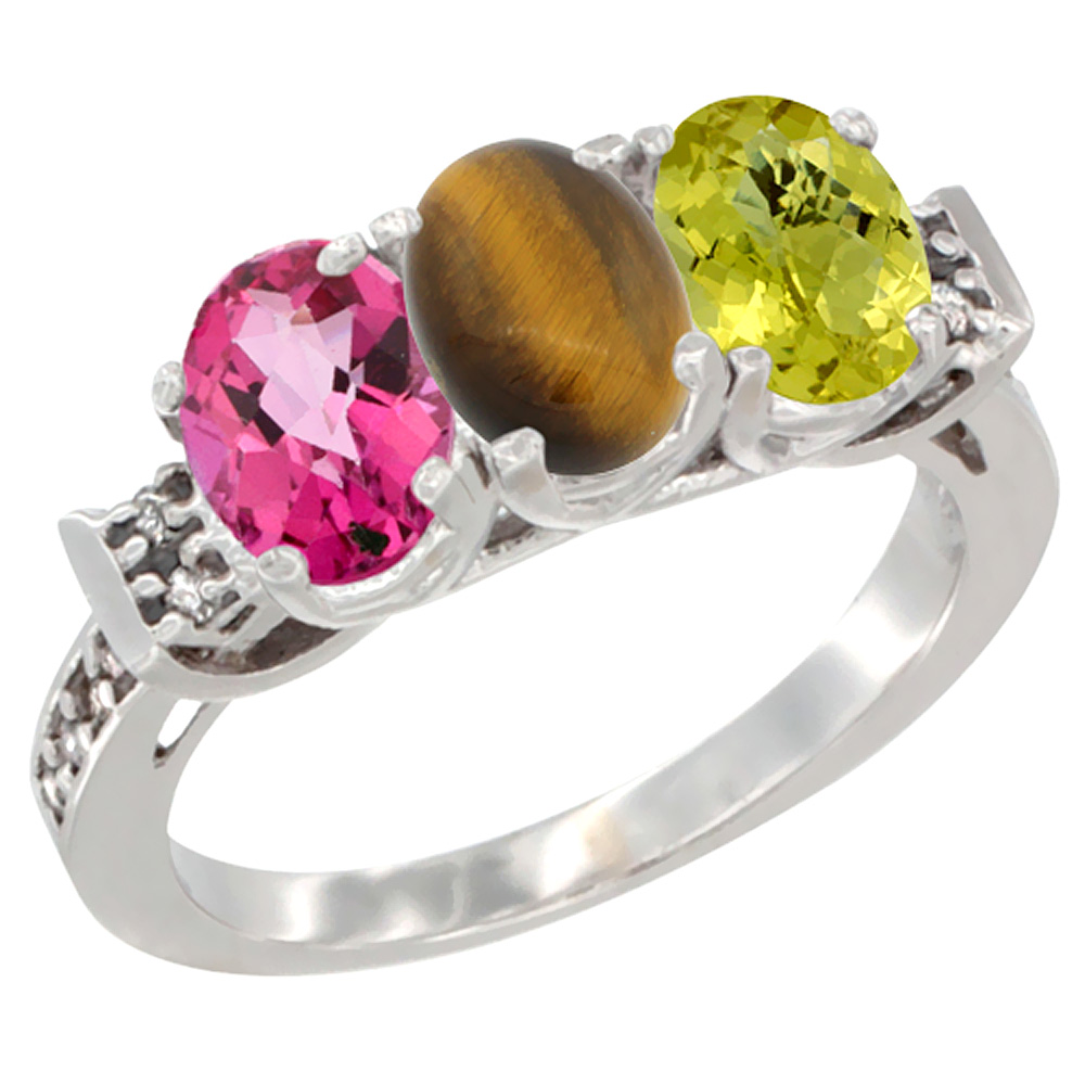 10K White Gold Natural Pink Topaz, Tiger Eye & Lemon Quartz Ring 3-Stone Oval 7x5 mm Diamond Accent, sizes 5 - 10