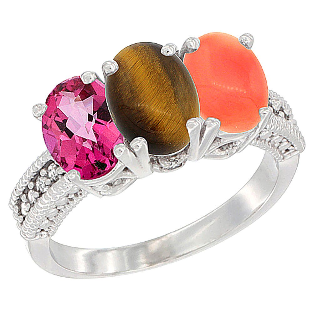 10K White Gold Natural Pink Topaz, Tiger Eye &amp; Coral Ring 3-Stone Oval 7x5 mm Diamond Accent, sizes 5 - 10