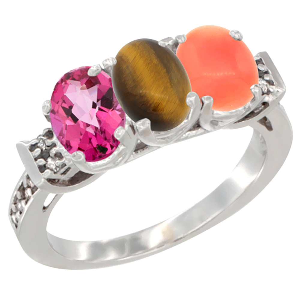 10K White Gold Natural Pink Topaz, Tiger Eye & Coral Ring 3-Stone Oval 7x5 mm Diamond Accent, sizes 5 - 10