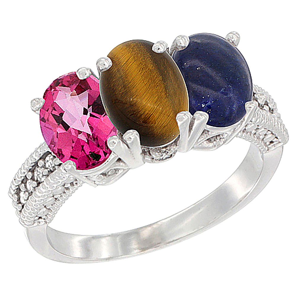 14K White Gold Natural Pink Topaz, Tiger Eye & Lapis Ring 3-Stone 7x5 mm Oval Diamond Accent, sizes 5 - 10