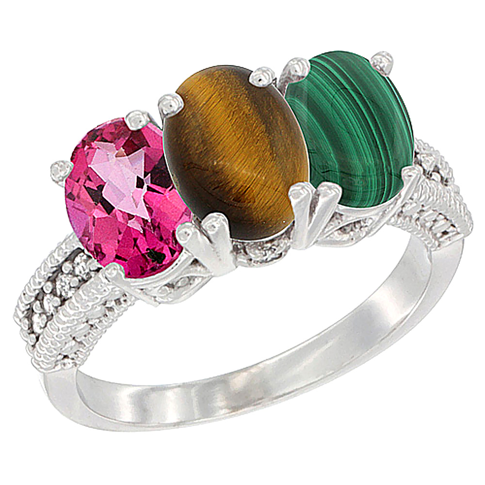 10K White Gold Natural Pink Topaz, Tiger Eye &amp; Malachite Ring 3-Stone Oval 7x5 mm Diamond Accent, sizes 5 - 10