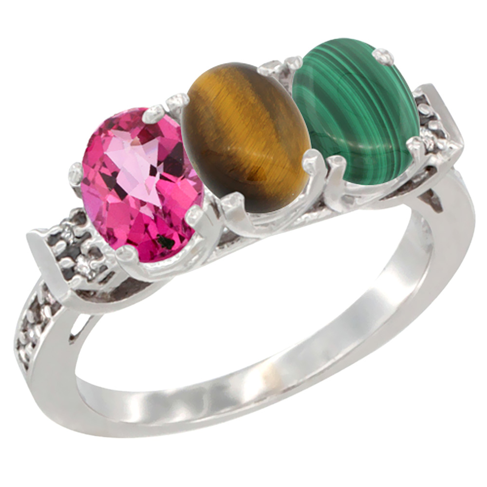 10K White Gold Natural Pink Topaz, Tiger Eye & Malachite Ring 3-Stone Oval 7x5 mm Diamond Accent, sizes 5 - 10