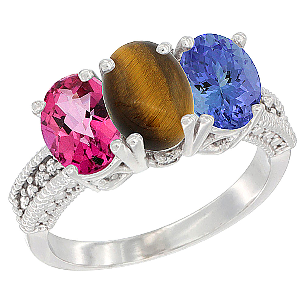 10K White Gold Natural Pink Topaz, Tiger Eye &amp; Tanzanite Ring 3-Stone Oval 7x5 mm Diamond Accent, sizes 5 - 10