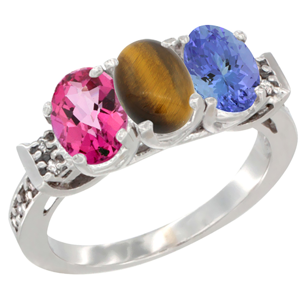 10K White Gold Natural Pink Topaz, Tiger Eye & Tanzanite Ring 3-Stone Oval 7x5 mm Diamond Accent, sizes 5 - 10