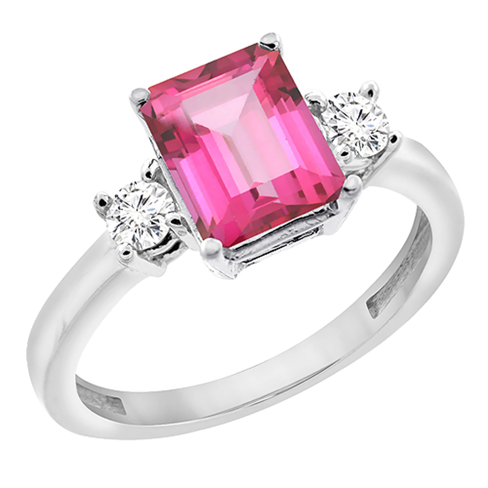 14K White Gold Natural Pink Topaz Ring Octagon 8x6 mm with Diamond Accents, sizes 5 - 10