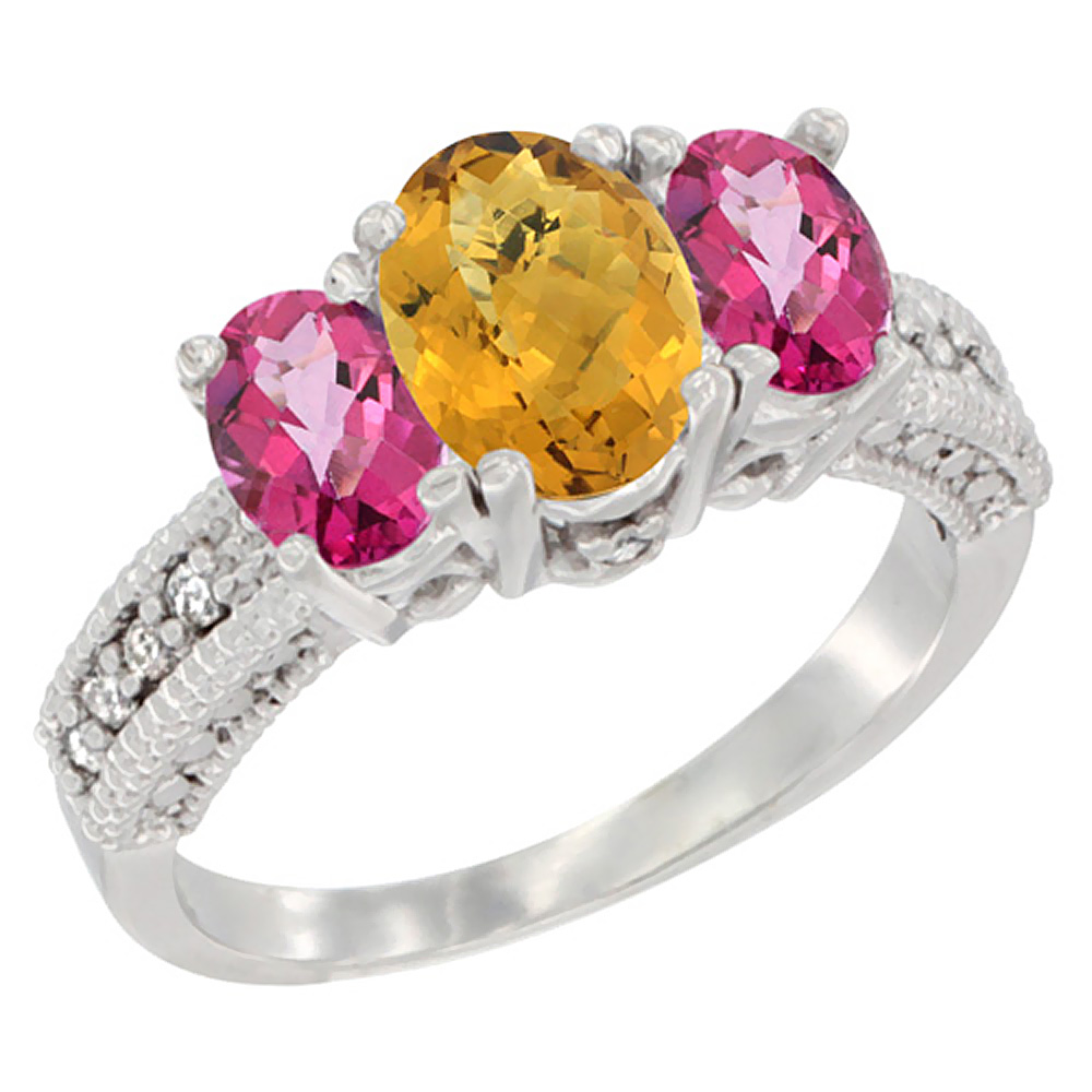 14K White Gold Diamond Natural Whisky Quartz Ring Oval 3-stone with Pink Topaz, sizes 5 - 10