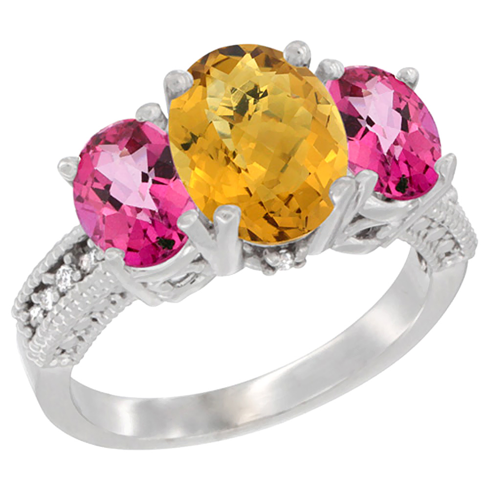 14K White Gold Diamond Natural Whisky Quartz Ring 3-Stone Oval 8x6mm with Pink Topaz, sizes5-10