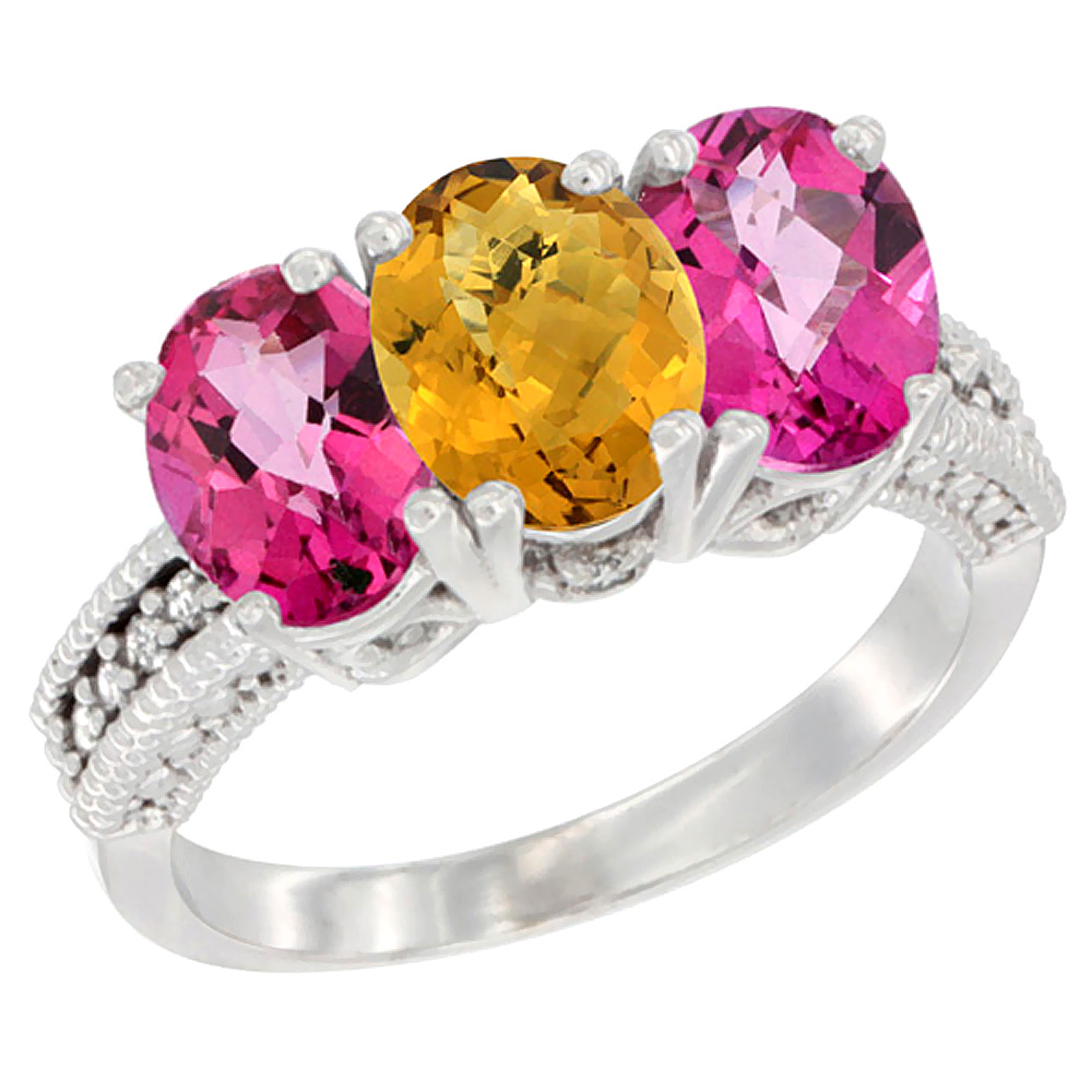 14K White Gold Natural Whisky Quartz & Pink Topaz Ring 3-Stone 7x5 mm Oval Diamond Accent, sizes 5 - 10