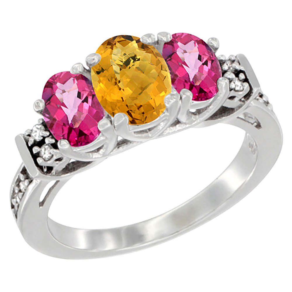 14K White Gold Natural Whisky Quartz & Pink Topaz Ring 3-Stone Oval Diamond Accent, sizes 5-10