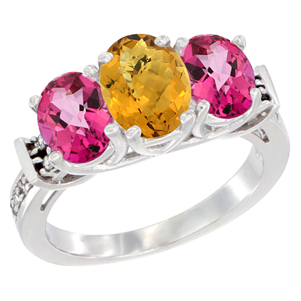 10K White Gold Natural Whisky Quartz & Pink Topaz Sides Ring 3-Stone Oval Diamond Accent, sizes 5 - 10